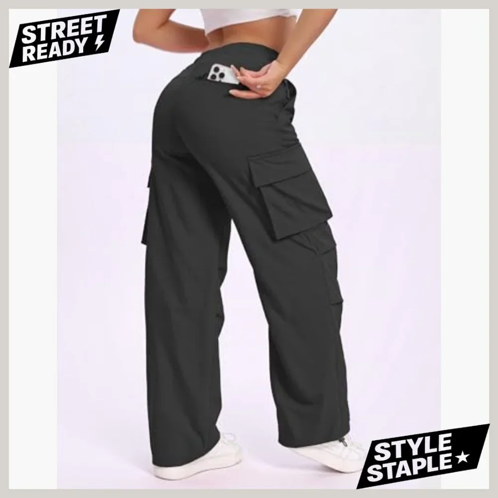 High Waisted Parachute Cargo Pants with 6 Pockets Quick Dry Water-Resistant - Picture 4 of 7